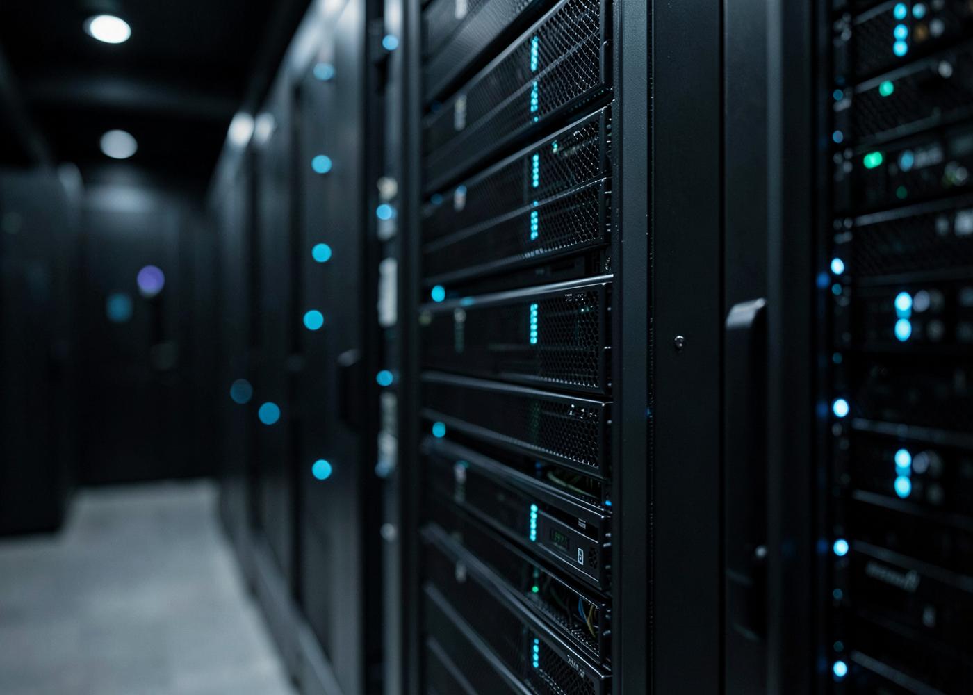 Rows of server racks in a dark data hall with blue status indicator lights