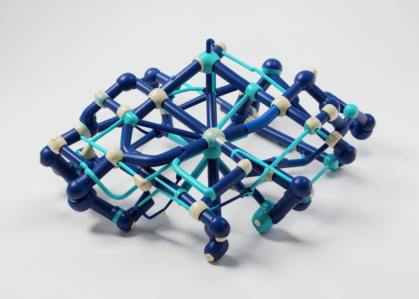 Abstract three-dimensional lattice of navy and cyan connected nodes representing linked systems