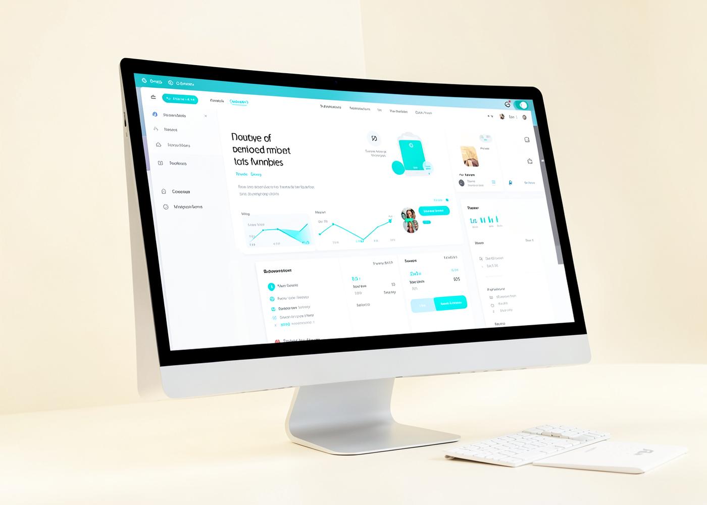 A desktop monitor in a bright studio showing an abstract web application dashboard interface